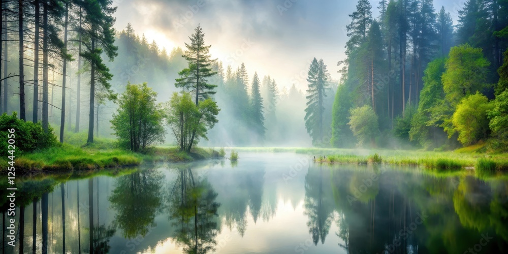 Obraz premium A serene forest pond shrouded in misty fog creates a mystical atmosphere, stillness, nature