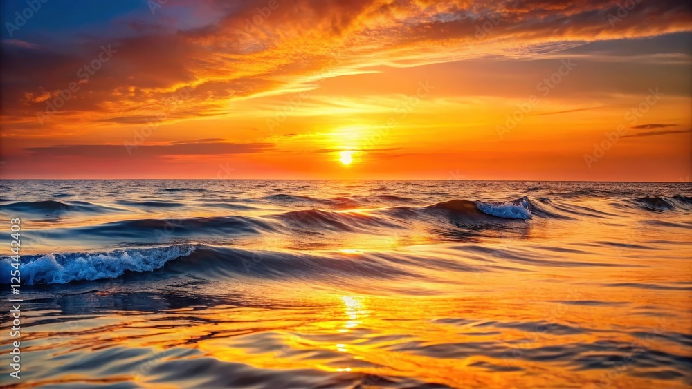 Obraz premium Beautiful ocean waves reflecting an orange glow of the evening sky, with a horizon line blending seamlessly into the gradient of the sky , evening sky, nature