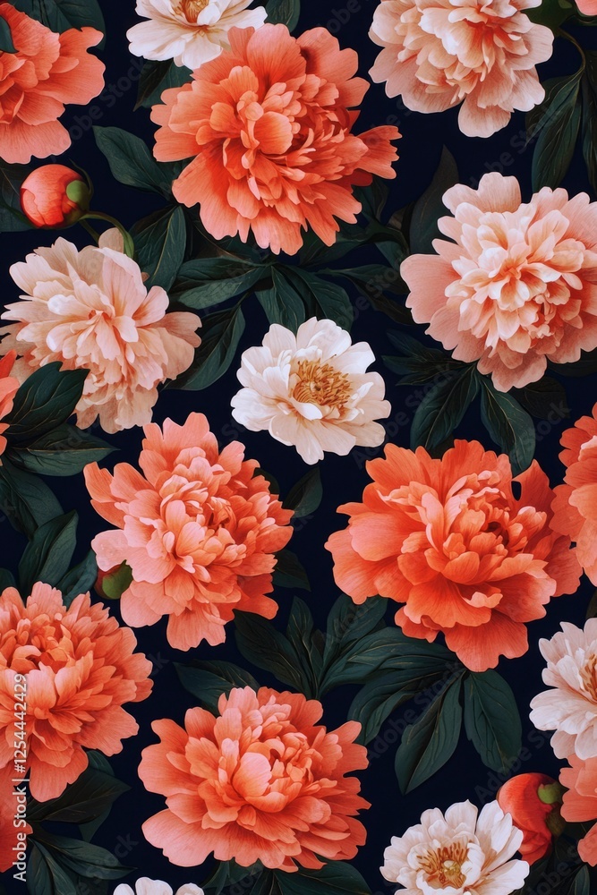 Vibrant floral pattern featuring peonies in various shades on a dark background, ideal for textiles Vibrant floral pattern featuring peonies in various shades on a dark background, ideal for textiles