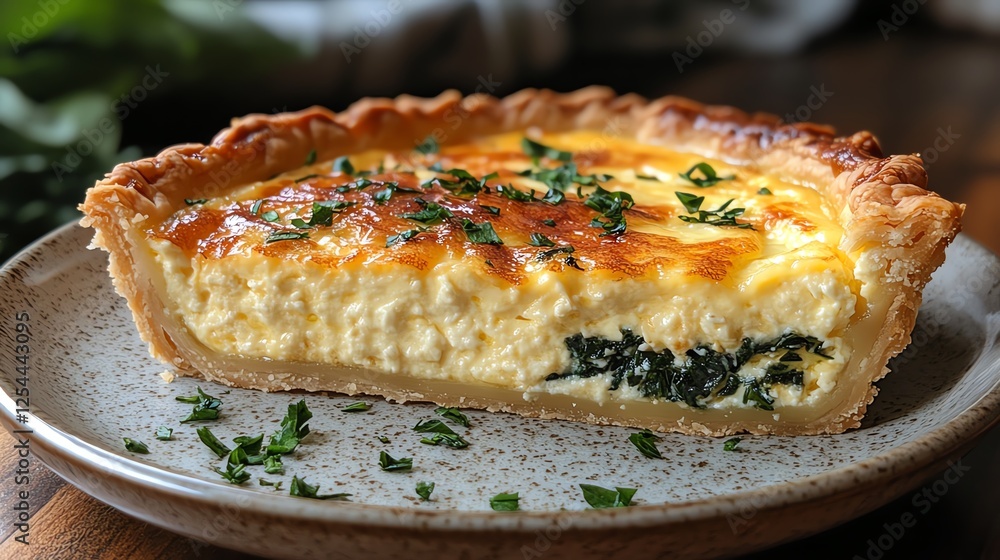 A delicious slice of savory quiche displayed on a rustic plate, featuring a golden brown crust and a creamy filling with fresh herbs, perfect for breakfast or brunch. A delicious slice of savory quiche displayed on a rustic plate, featuring a golden brown crust and a creamy filling with fresh herbs, perfect for breakfast or brunch.