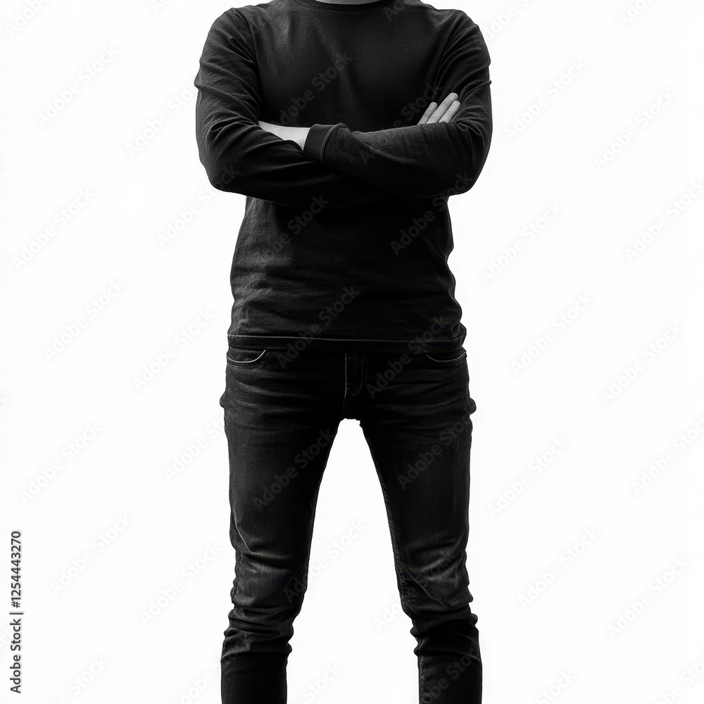 Black silhouette of a standing man in casual attire against a bright white background emphasizing posture and shadow details Black silhouette of a standing man in casual attire against a bright white background emphasizing posture and shadow details