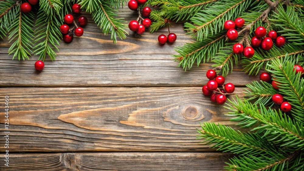Holiday Evergreen Branches and Berries Over Rustic Wood Background Holiday Evergreen Branches and Berries Over Rustic Wood Background