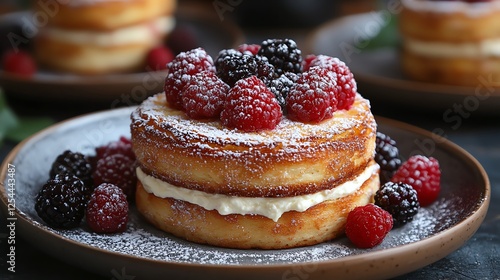 A delicious stack of fluffy pancakes layered with cream and topped with fresh raspberries and blackberries, dusted with powdered sugar, perfect for a sweet breakfast or dessert. photo