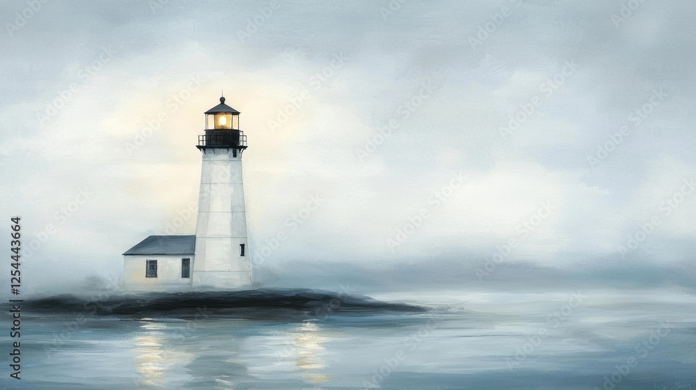 A foggy coastal lighthouse, hand-painted in soft watercolor strokes, featuring warm glowing lights against a cool, misty ocean backdrop. A foggy coastal lighthouse, hand-painted in soft watercolor strokes, featuring warm glowing lights against a cool, misty ocean backdrop.
