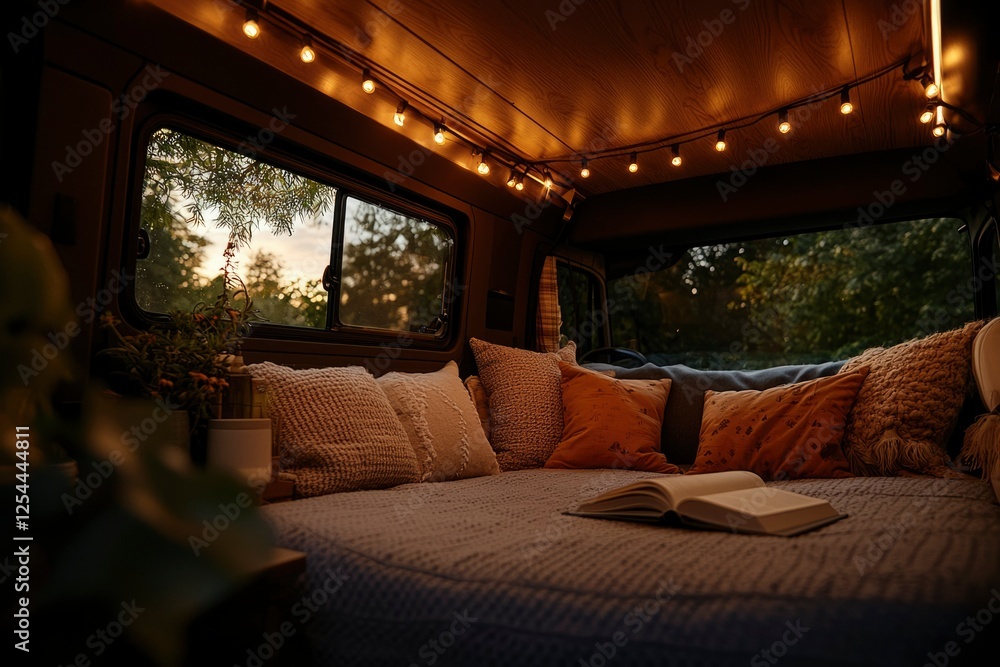 Fototapeta premium Cozy van interior with warm lighting, plush cushions, and an open book, surrounded by nature
