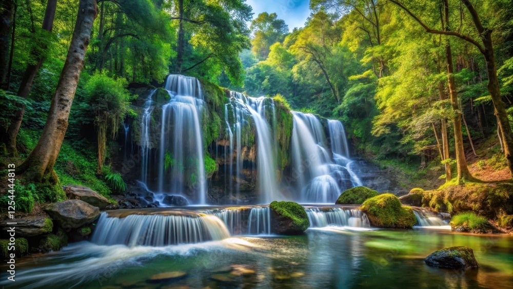 Fototapeta premium Forest Waterfall Panorama, nature, scenery, nature, scenery, sunlight, waterfall, wilderness