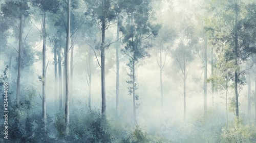 Misty forest scene, tranquil nature wallpaper