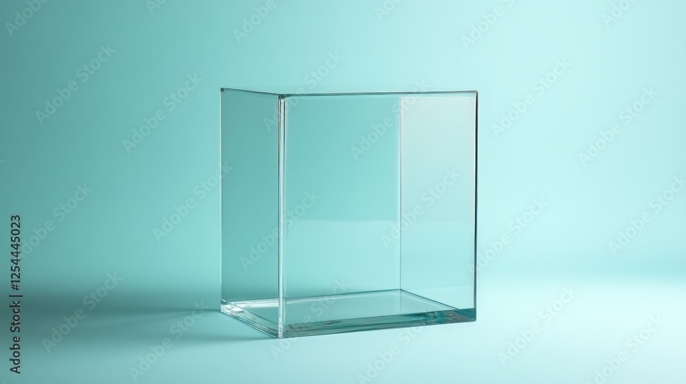 Empty glass cube on teal background; product display Empty glass cube on teal background; product display