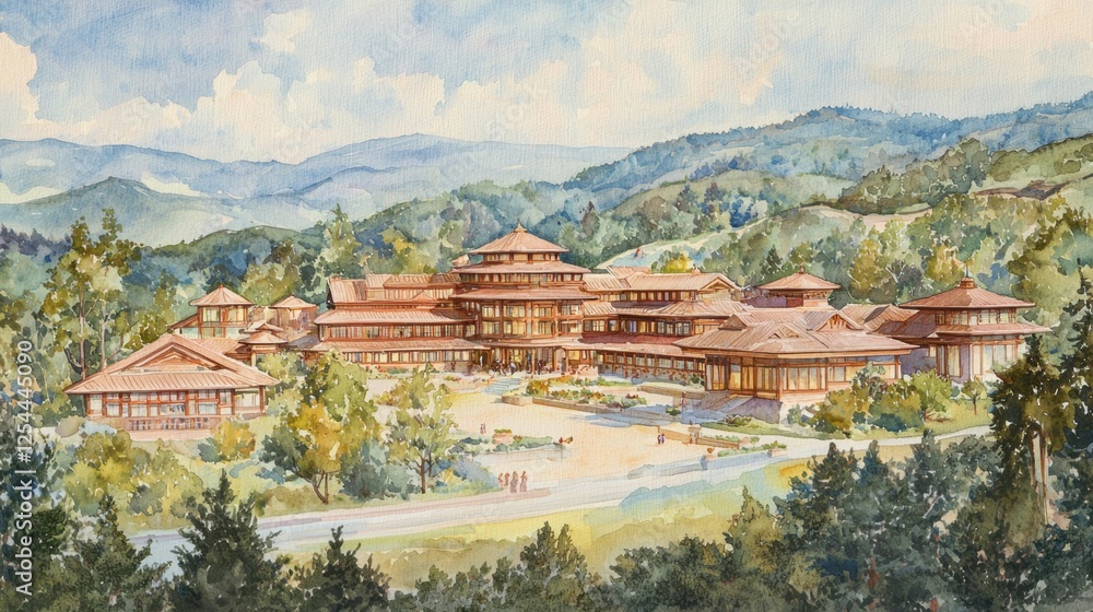 A majestic multi-tiered pagoda in a serene watercolor scene, its warm glowing lights reflecting off intricate architectural details and curved roofs. A majestic multi-tiered pagoda in a serene watercolor scene, its warm glowing lights reflecting off intricate architectural details and curved roofs.
