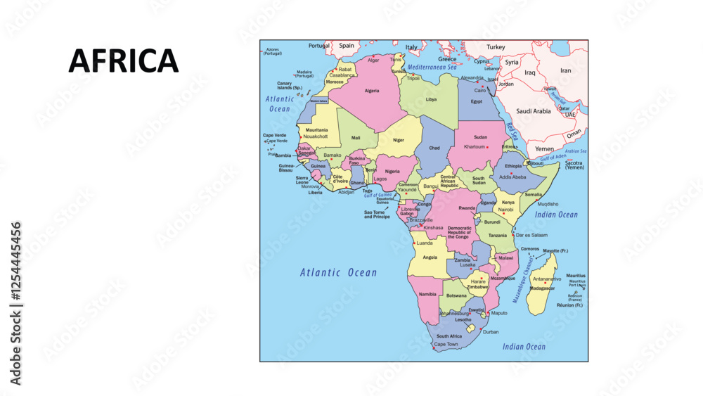 Naklejka premium Africa Map. Countries and union territories of Africa with neighbouring countries. Political map of Africa with capital and important cities in Detailed.