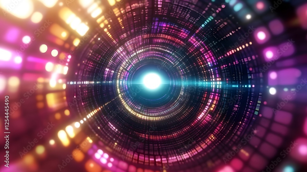 Abstract digital tunnel with glowing lights and vibrant colors, symbolizing the flow of data through an information stream or a black hole in space. A futuristic concept representing technology Abstract digital tunnel with glowing lights and vibrant colors, symbolizing the flow of data through an information stream or a black hole in space. A futuristic concept representing technology