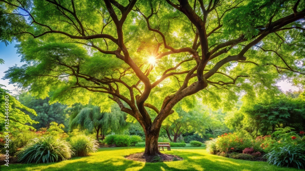 Neem tree with lush green branches and leaves in a beautiful garden setting, surrounded by other trees and flowers, with sunlight filtering through the leaves , tree, garden Neem tree with lush green branches and leaves in a beautiful garden setting, surrounded by other trees and flowers, with sunlight filtering through the leaves , tree, garden