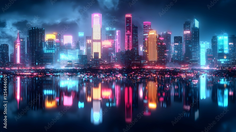 Neon Cityscape at Night With Reflections