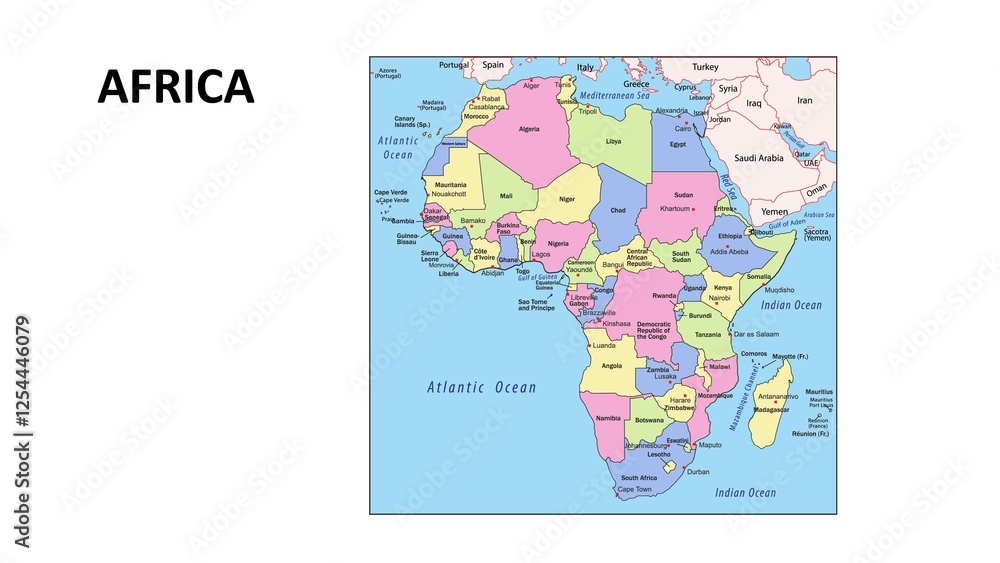 Obraz premium Africa Map. Countries and union territories of Africa with neighbouring countries. Political map of Africa with capital and important cities in Detailed.