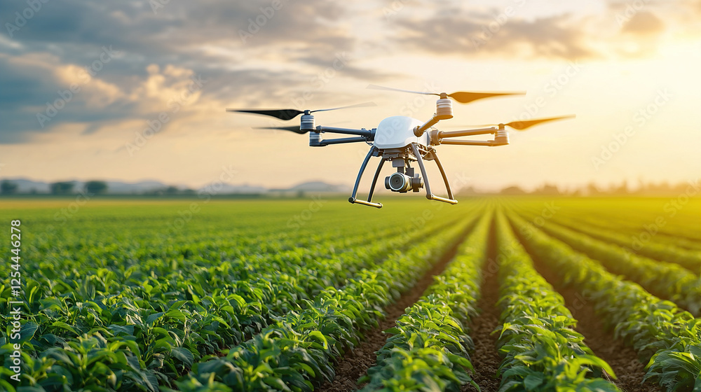 drone equipped with camera flies over vast agricultural field at sunset, capturing data for precision farming. rows of crops are neatly aligned, showcasing modern agricultural techniques drone equipped with camera flies over vast agricultural field at sunset, capturing data for precision farming. rows of crops are neatly aligned, showcasing modern agricultural techniques
