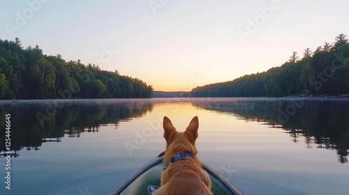 Dog On Kayak Sunrise Over Calm Lake