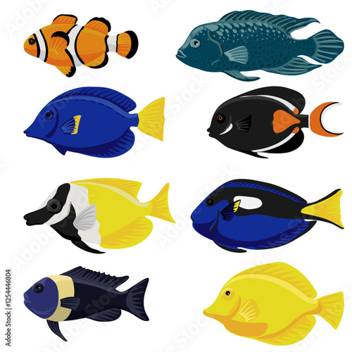 vector drawing set of tropical fishes isolated at white background, hand drawn illustration