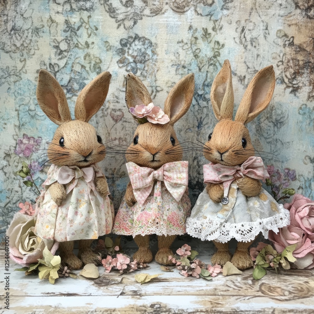 Obraz premium Three bunny figurines floral dresses studio background spring decor
