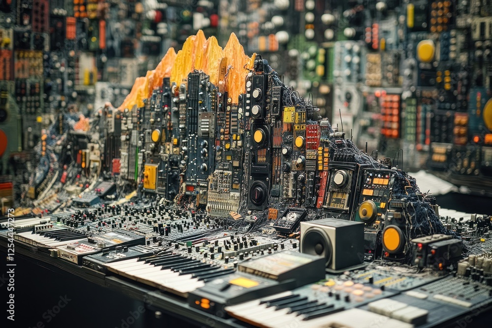 Fototapeta premium Electronic cityscape sculpture, studio, recycled tech, music background, art installation