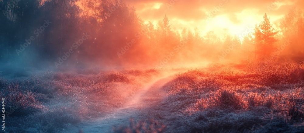 Misty sunrise path, forest background, winter wonderland Misty sunrise path, forest background, winter wonderland