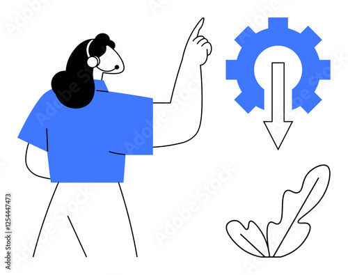 Person with headset pointing upward towards a gear with a downward arrow, plant at bottom right. Ideal for technology, workflow, automation, guidance, process optimization, customer support, abstract