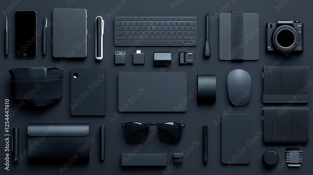 Obraz premium Dark Flatlay Tech Accessories Workspace
