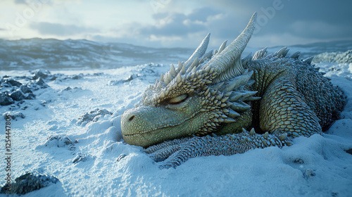 Majestic dragon resting in a snowy landscape with mountains in the background, serene atmosphere