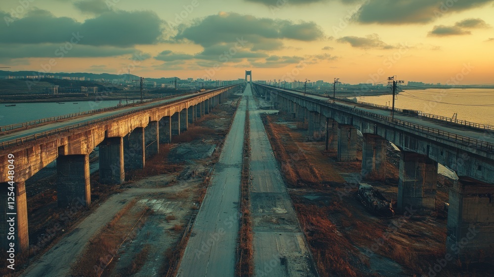 Sunset over long, empty river bridge, construction site background, industrial landscape Sunset over long, empty river bridge, construction site background, industrial landscape
