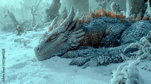 A serene, blue dragon resting peacefully in a snowy landscape surrounded by frosted trees