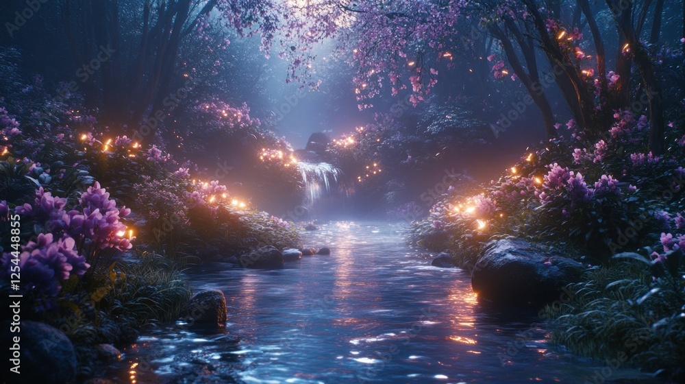 Magical forest stream, glowing flowers, waterfall, night scene, fantasy background Magical forest stream, glowing flowers, waterfall, night scene, fantasy background
