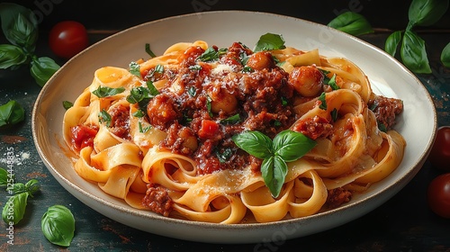 A hearty plate of tagliatelle pasta topped with rich bolognese sauce, fresh basil, and grated cheese, perfect for a comforting meal that embodies Italian cuisine.
