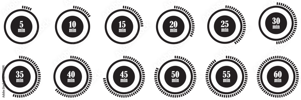Timer and stopwatch vector set icons. Countdown from 5 to 60 minutes for sport and cooking. Stopwatch and clock countdown icon collection. Digital stopwatch and timer icons. Countdown clock symbols. Timer and stopwatch vector set icons. Countdown from 5 to 60 minutes for sport and cooking. Stopwatch and clock countdown icon collection. Digital stopwatch and timer icons. Countdown clock symbols.