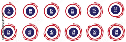 Stopwatch timer icon collection. Set of stopwatch countdown icons. Countdown timer 5 10 15 20 25 30 35 40 45 50 and 60 minutes. Stopwatch timer icon collection. Set of countdown stopwatch icons.