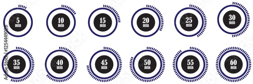 Stopwatch or timer icon for deadline sport, cooking, speed measurement, minutes. Stopwatch and timer icons collection. Countdown symbols set. Set of stopwatch and timer icons. Countdown measurement. 