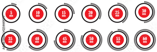 Stopwatch icons. Colorful simple chronometer, time counter with dial. Countdown timer showing hours and minutes. Stopwatch and countdown timer icons. Time tracking collection. Digital stopwatch icons.