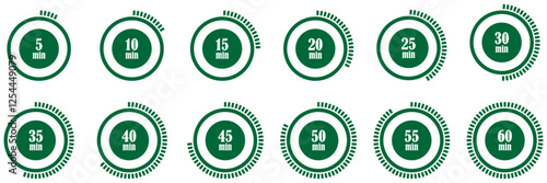 Timers icon 5 10 15 20 25 30 35 40 45 50 and 60 minutes. Countdown, deadline symbol set collection. Stopwatch and clock countdown icons. Time measurement set. Countdown stopwatch and timer collection.