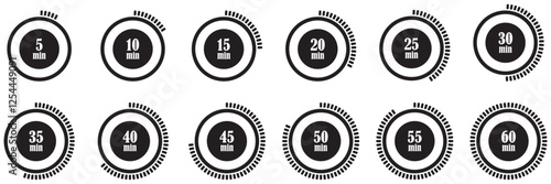 Timer and stopwatch vector set icons. Countdown from 5 to 60 minutes for sport and cooking. Stopwatch and clock countdown icon collection. Digital stopwatch and timer icons. Countdown clock symbols. 