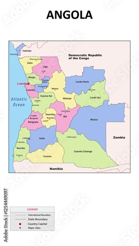 Angola Map. State and union territories of Angola with neighbouring countries. Political map of Angola with capital and important cities in Detailed. photo