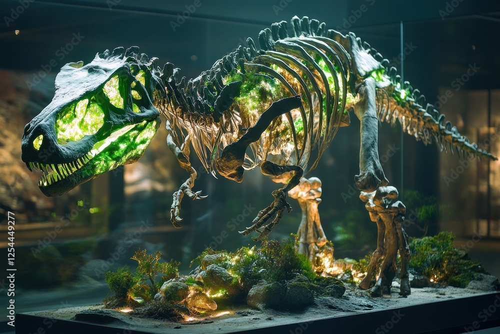 Obraz premium Illuminated dinosaur fossil exhibit museum display