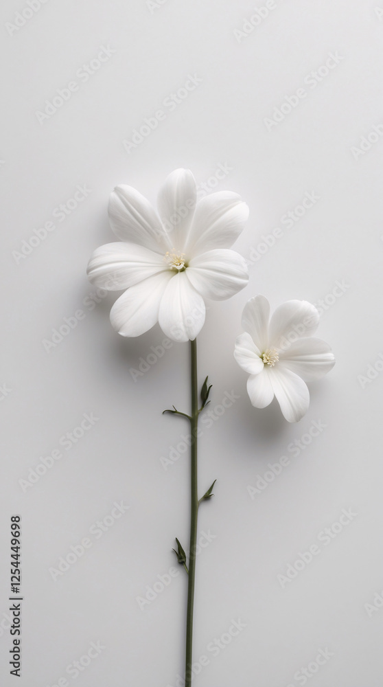 Obraz premium Elegant White Small Flowers with Stems Spread Across a Clean White Surface for a Pure and Serene Composition Floral Botanical Wallpaper Background