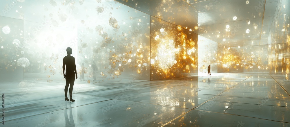Person observing glowing particles in futuristic hall Person observing glowing particles in futuristic hall