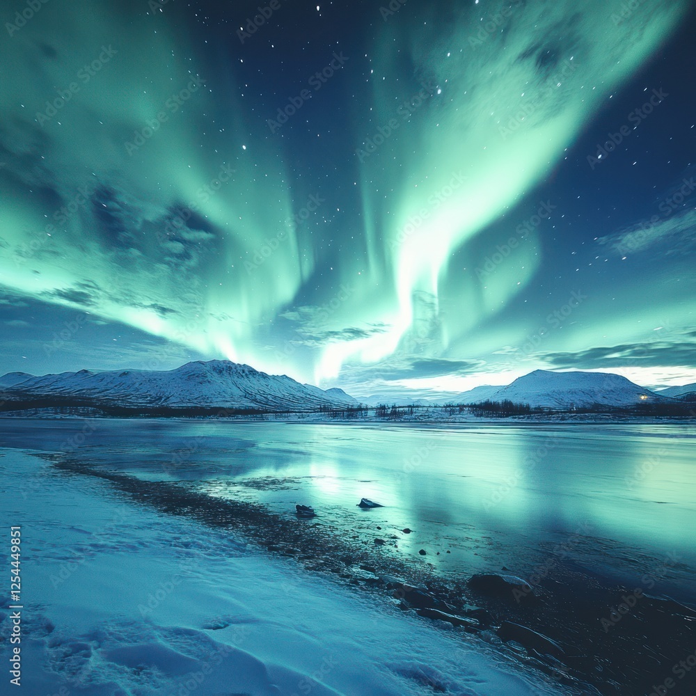 Fototapeta premium Arctic Aurora Borealis night sky reflecting in tranquil fjord