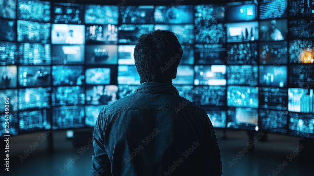 Man analyzing data on large curved screens in a dark control room Man analyzing data on large curved screens in a dark control room