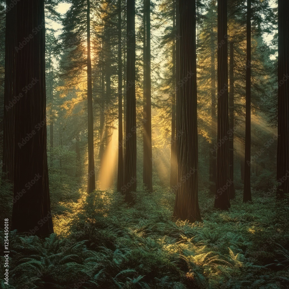 Obraz premium Redwood forest sunrise, sunbeams through trees, ferns, misty background, nature scene