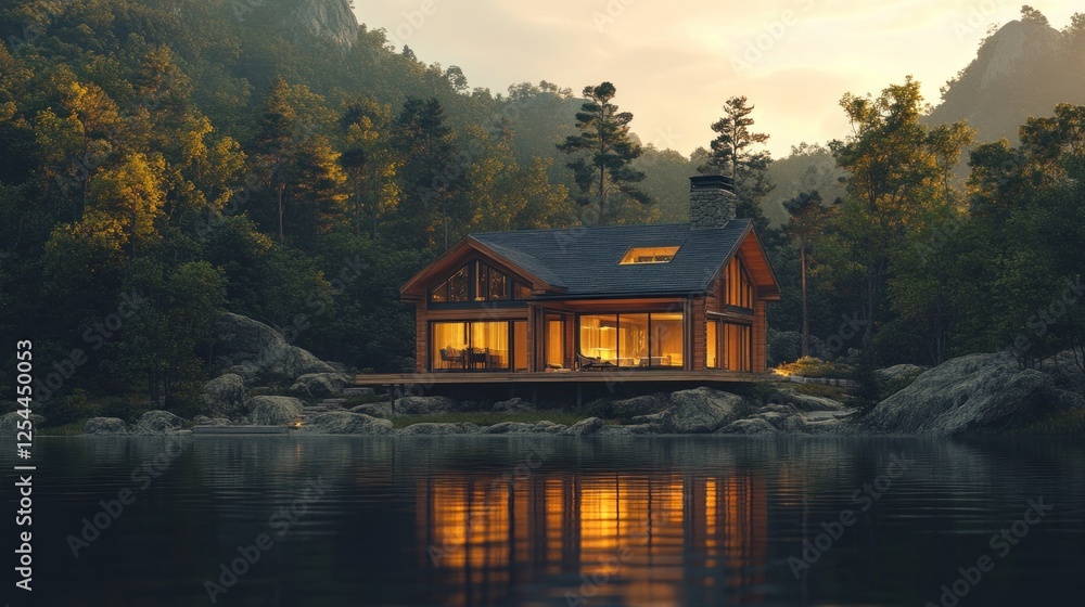 Mountain lake cabin sunset reflection; peaceful retreat Mountain lake cabin sunset reflection; peaceful retreat