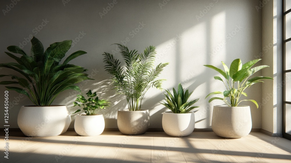 Fototapeta premium Sunlit plants in minimalist room, interior design