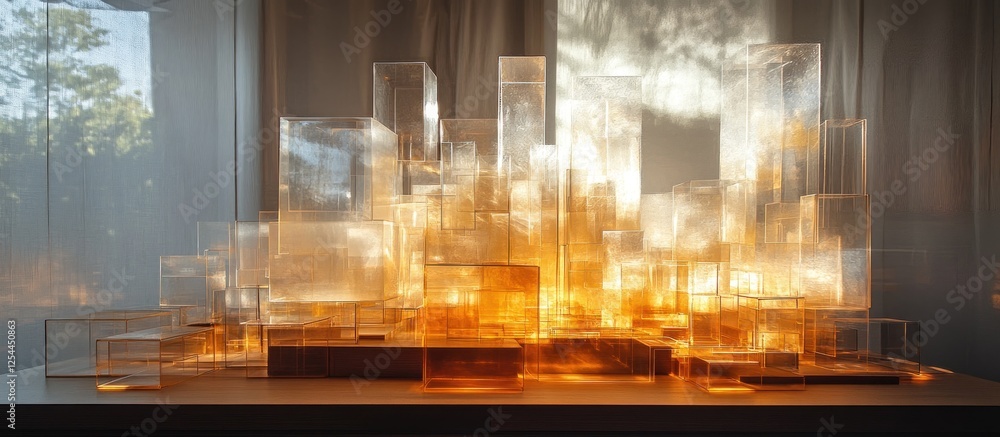 Illuminated city model, indoor setting, window background, architectural design Illuminated city model, indoor setting, window background, architectural design