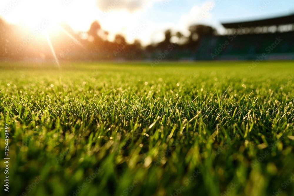 Close-up view of lush green grass on a sports field during sunset with soft sunlight Close-up view of lush green grass on a sports field during sunset with soft sunlight