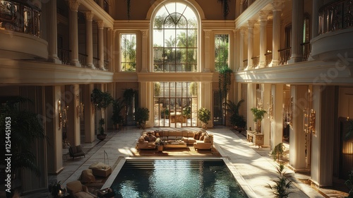 Indoor pool, grand mansion, sunlit atrium, tropical garden view, luxury home design