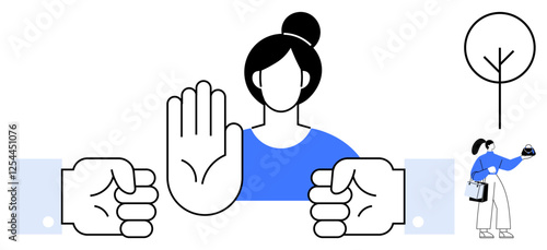 Female figure with raised hand, two fists, small woman carrying shopping bags near a tree. Ideal for conflict resolution, peace, stop, empowerment, equality disagreement assertiveness. Abstract